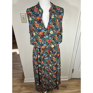 Chic Tropical Floral Midi Dress Plus Size 16 Sleeveless V-Neck Tie Waist Summer
